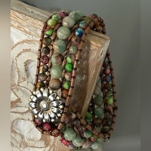 Boho Multicolor Beaded Wrap Bracelet with Silver Flower Accent